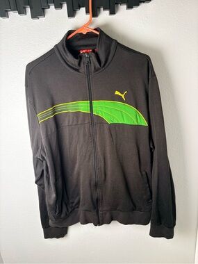 Puma Men’s Size L Black Track Lightweight Jacket with Neon Green Stripe